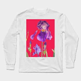 Iris Watercolor Painting - Elegant Purple on Rich Red Long Sleeve T-Shirt